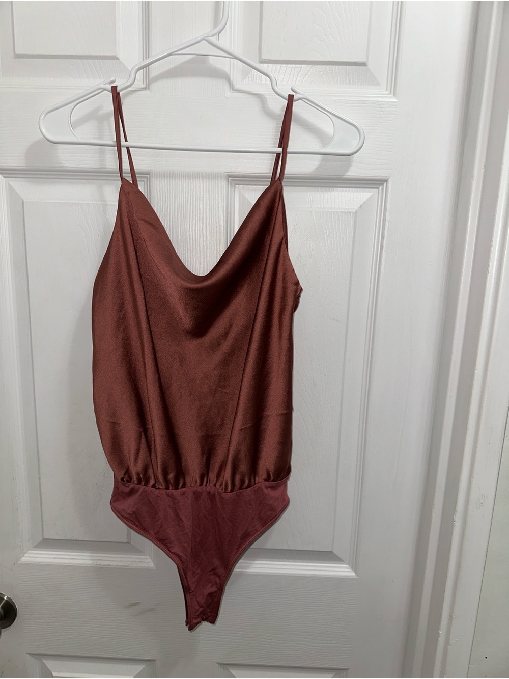 Lulu's Satin Cowl Neck Bodysuit in Rosewood